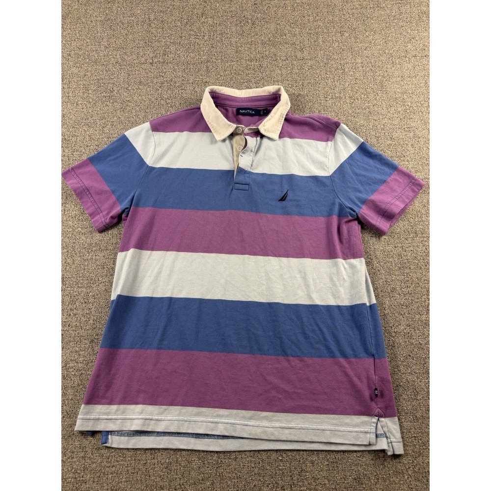 Nautica Rugby Polo Shirt Men's Small Striped Purple Blue Short Sleeve Preppy
